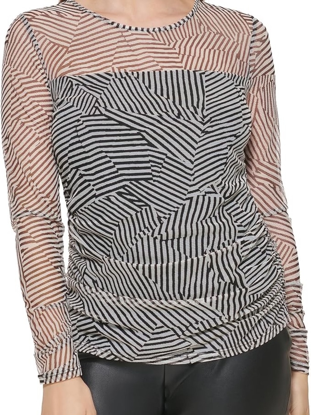 DKNY Long Sleeve Mesh Top with Ruching on Sides and Sleeves Ivory/Black Size XL